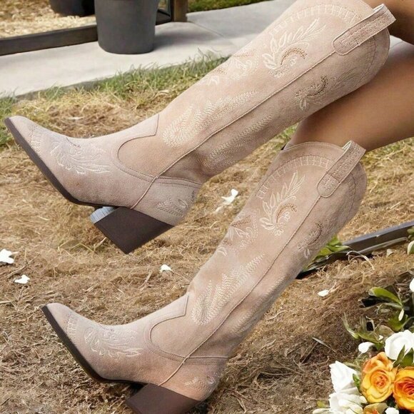 Khaki Western Women's Pointed Toe Embroidered Knee High Riding Boots - Picture 1 of 5